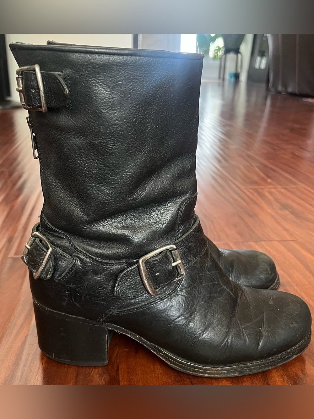 Frye Black Leather Buckle Ankle Boots